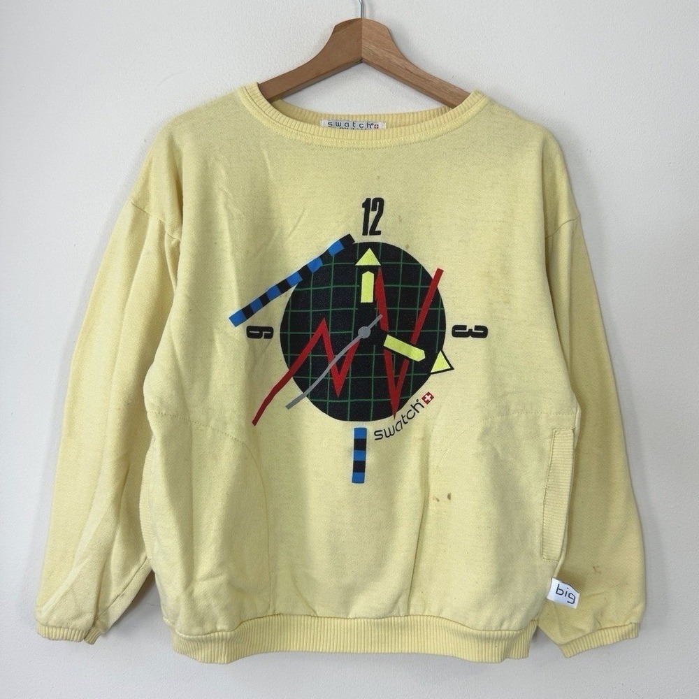 Vintage 90's Swatch Watch Clock Grid Art Print Yellow Sweatshirt - Small